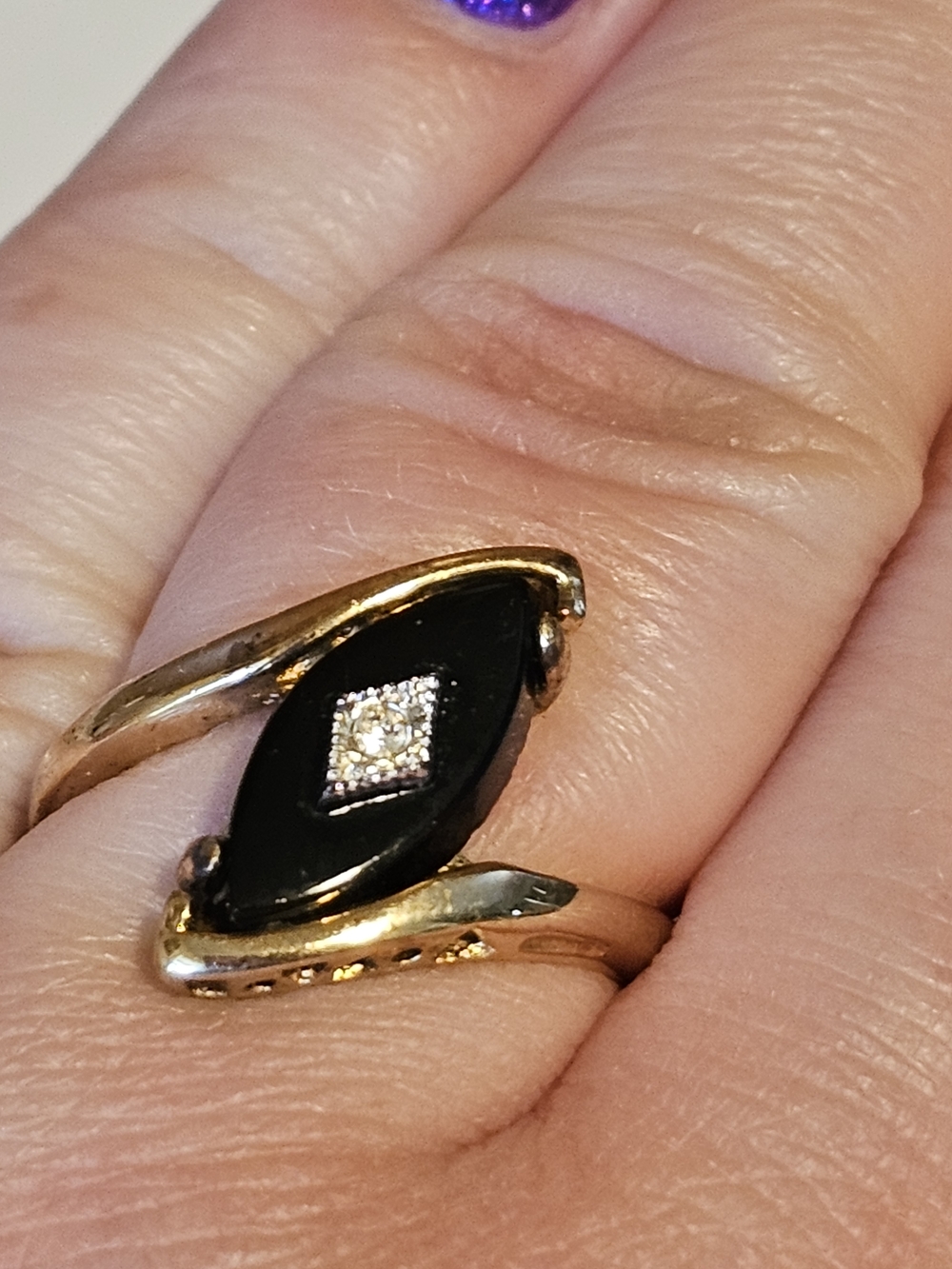 Gold Plate On Sterling Silver Vintage Onyx And Diamond Marquise Ring